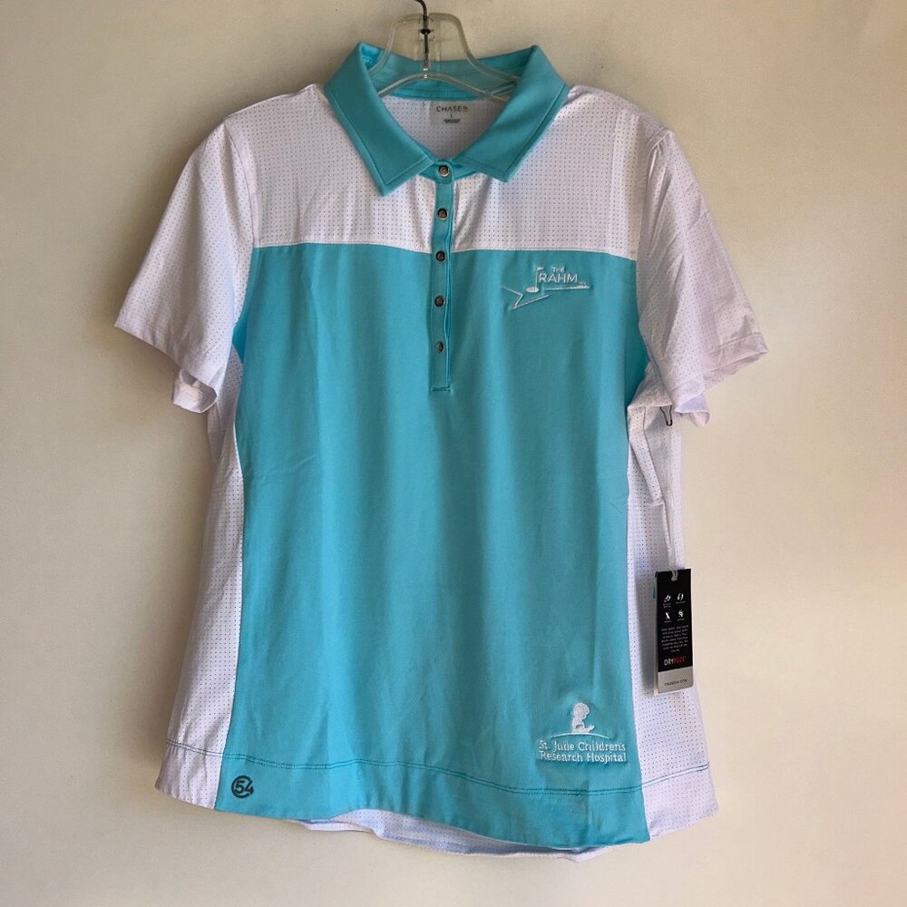 NWT CHASE 54 DryFuze Blue/White Aware Golf Polo UPF 40 Women's Large